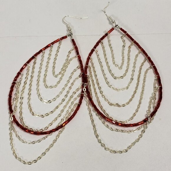 Women's Silver tone Dangling Chain - Red Beaded Big Hoop Fishhook Drop Earrings - Picture 1 of 6